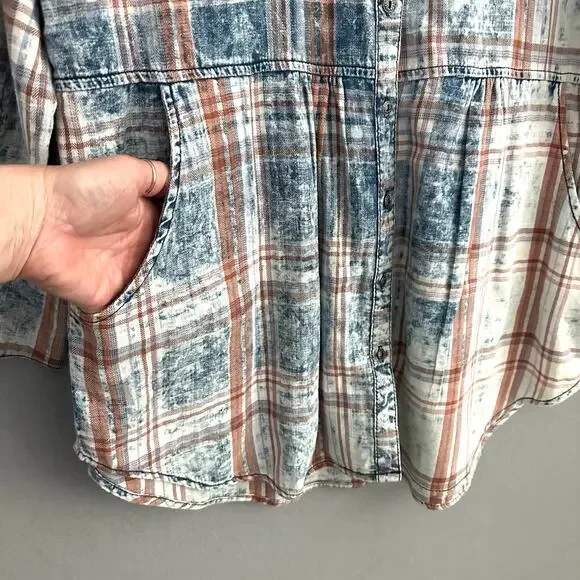 Soft Surroundings 100% Cotton Plaid Long Tunic Top with Pockets Blue & Orange XL - Picture 4 of 13